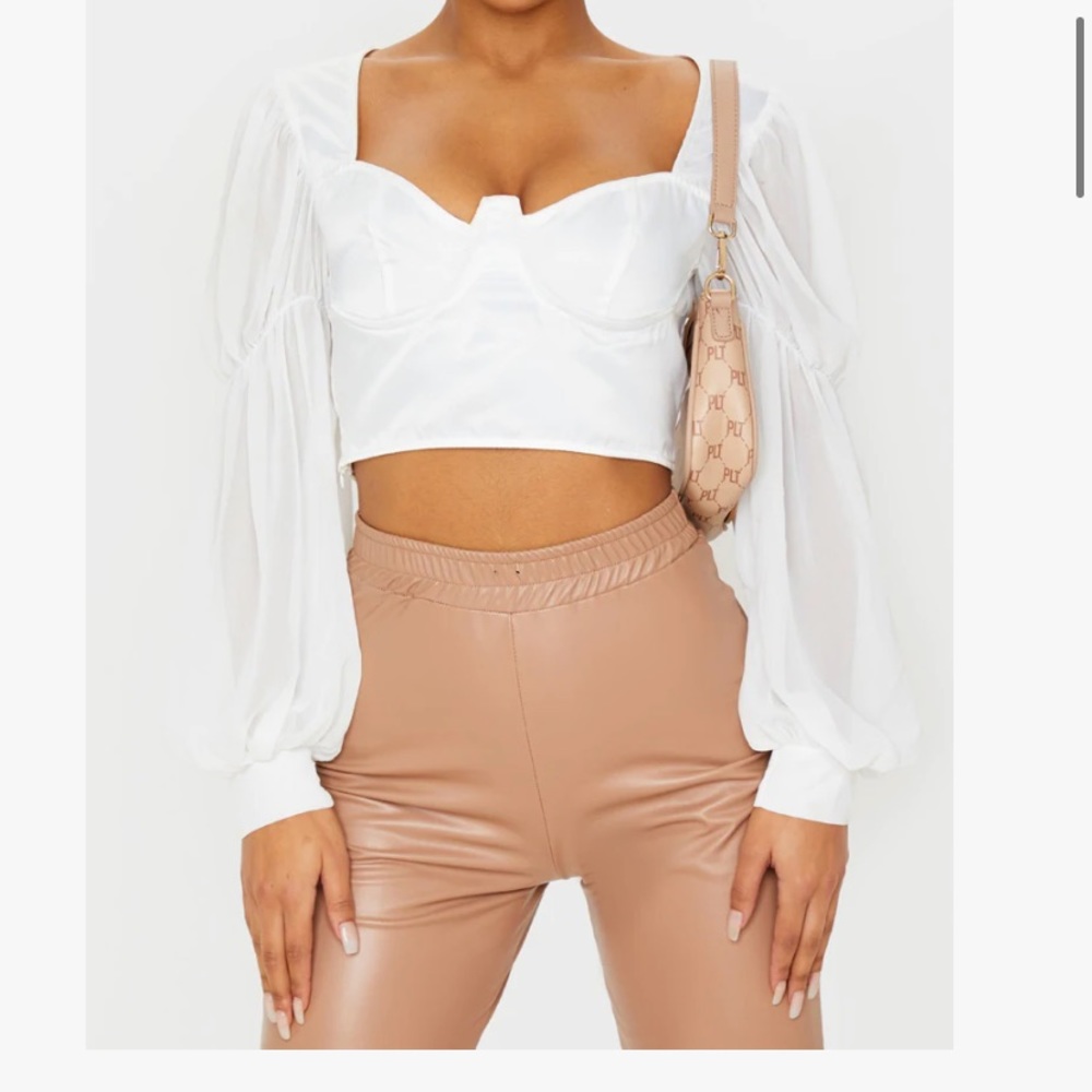 Prettylittlething white satin v-wire underbust sleeve blouse